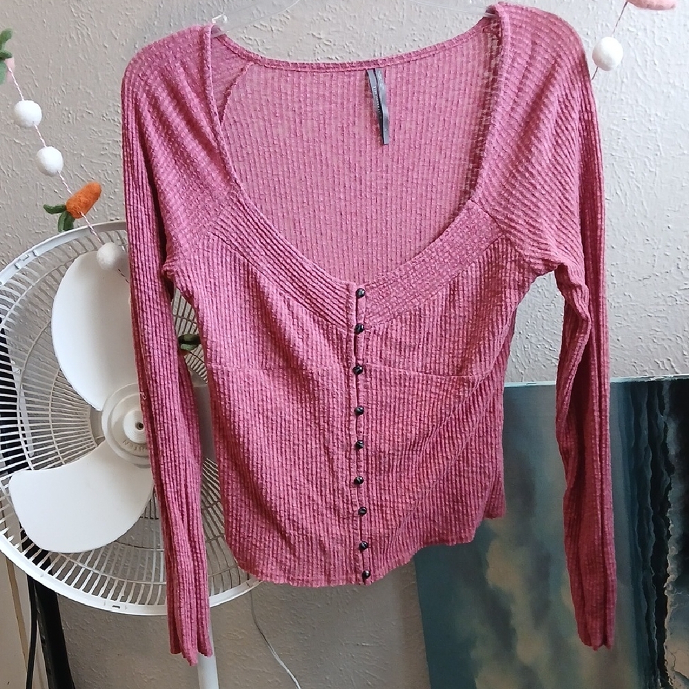 Anthropologie Mauve Button-Down Ribbed Top